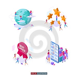 Globalization. Online shopping illistrations set. Online marketing. Best choice. Customer feedback. Save money.